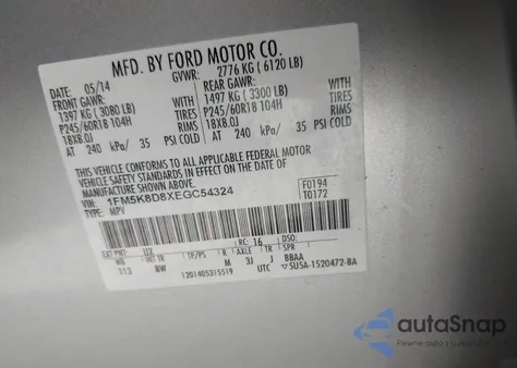 2014 Ford Explorer Xlt z USA, uszkodzony, nr VIN 1FM5K8D8XEGC54324